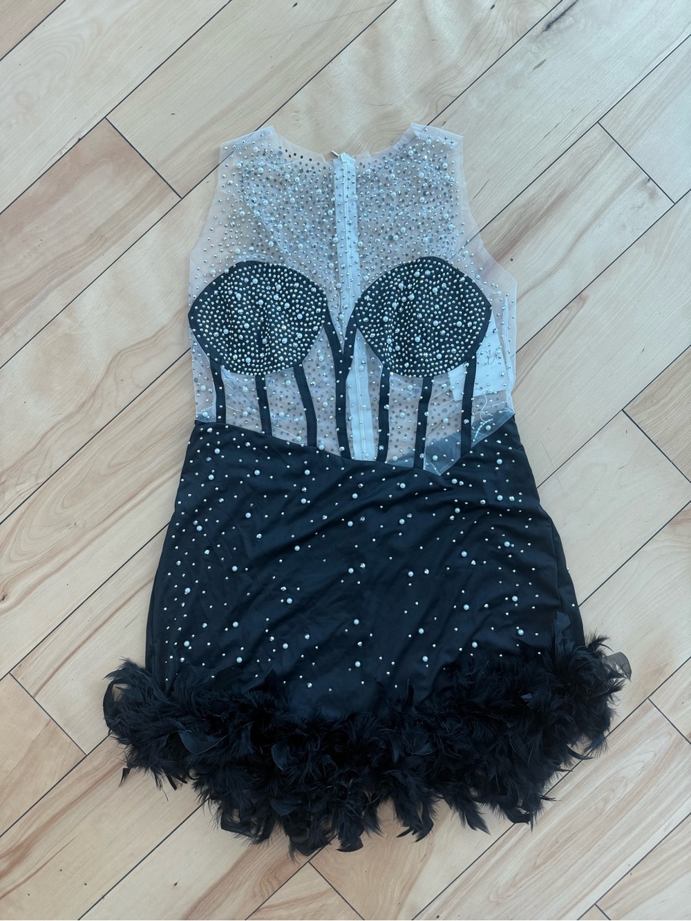 Black Embellished Mesh Bodice Feather-Hem Romper